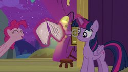 Size: 1200x675 | Tagged: safe, screencap, pinkie pie, twilight sparkle, alicorn, pony, g4, horse play, curtains, glowing horn, horn, lamp, script, smiling, stage, stool, twilight sparkle (alicorn)