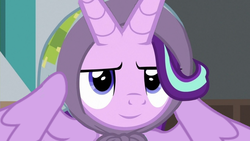 Size: 1440x810 | Tagged: safe, edit, edited edit, edited screencap, screencap, starlight glimmer, alicorn, bicorn, pony, g4, the parent map, alicornified, blanket, clothes, cute, edit of an edit of an edit, edit of an edit of an edit of an edit, editception, extra horn, female, happy, headscarf, horn, inverted mouth, race swap, scarf, silly, solo, starlicorn, upgrade, wat, wings