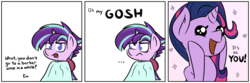 Size: 1620x540 | Tagged: safe, artist:glimglam, starlight glimmer, twilight sparkle, pony, unicorn, g4, ..., alternate hairstyle, ask, chair, comic, dialogue, female, frown, hooves on cheeks, mane swap, mare, open mouth, punklight sparkle, simple background, tumblr, white background