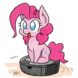 Size: 1000x1000 | Tagged: safe, artist:glimglam, pinkie pie, earth pony, pony, g4, :p, :t, behaving like a cat, chibi, cute, diapinkes, female, mare, no pupils, onomatopoeia, ponies riding roombas, ponk, riding, roomba, roombapie, silly, simple background, sitting, smiling, solo, tongue out, vrrr, white background