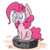 Size: 1000x1000 | Tagged: safe, artist:glimglam, pinkie pie, earth pony, pony, g4, :p, :t, behaving like a cat, chibi, cute, diapinkes, female, mare, no pupils, onomatopoeia, ponies riding roombas, ponk, riding, roomba, roombapie, silly, simple background, sitting, smiling, solo, tongue out, vrrr, white background