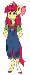 Size: 800x2000 | Tagged: safe, artist:starryeggs, apple bloom, earth pony, anthro, unguligrade anthro, g4, arm behind back, colored hooves, cut, dirty, female, filly, freckles, overalls, simple background, solo, standing, white background