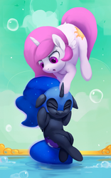 Size: 750x1200 | Tagged: safe, artist:rodrigues404, nightmare moon, princess celestia, alicorn, pony, cewestia, cute, cutelestia, duo, female, filly, floppy ears, helmet, moonabetes, nightmare woon, pink-mane celestia, royal sisters, siblings, sisters, younger