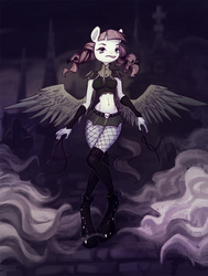 Size: 906x1200 | Tagged: safe, artist:oneofyouare, inky rose, pegasus, anthro, unguligrade anthro, g4, belly button, belt, boots, busty inky rose, celtic cross, clothes, collar, detached sleeves, female, fishnet stockings, graveyard, kneesocks, lipstick, midriff, miniskirt, pantyhose, pigtails, plaid skirt, shoes, skirt, skull, socks, solo, wings
