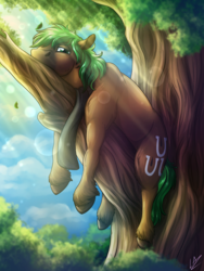 Size: 3000x4000 | Tagged: safe, artist:lupiarts, oc, oc only, oc:jaeger sylva, earth pony, pony, crepuscular rays, leaves, male, solo, stallion, tree, tree branch, waking up