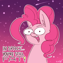Size: 1536x1536 | Tagged: safe, artist:dsp2003, pinkie pie, earth pony, pony, g4, brutal honesty, bust, captain obvious, comic, dialogue, ear fluff, female, mare, open mouth, signature, single panel, space, style emulation, wat