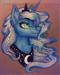 Size: 640x794 | Tagged: safe, artist:ferwildir, princess luna, alicorn, pony, g4, bust, colored pencil drawing, ethereal mane, female, mare, portrait, smiling, solo, starry mane, traditional art
