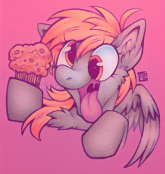 Size: 689x726 | Tagged: safe, artist:ferwildir, derpy hooves, pegasus, pony, g4, :p, bust, female, food, mare, muffin, silly, solo, tongue out, traditional art