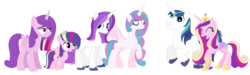 Size: 1689x504 | Tagged: safe, artist:margaretlovez, princess cadance, princess flurry heart, shining armor, oc, oc:peu d'aile, oc:princess empyrean, oc:princess esperance, g4, concave belly, family, female, height difference, male, offspring, parent:princess cadance, parent:shining armor, parents:shiningcadance, physique difference, ship:shiningcadance, shipping, simple background, slender, straight, thin, transparent background