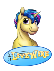 Size: 3000x4000 | Tagged: safe, artist:lupiarts, oc, oc only, oc:livewire, pony, unicorn, badge, commission, digital art, music notes, simple background, solo, transparent background, treble clef