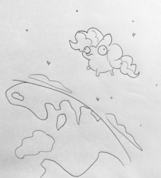 Size: 1209x1331 | Tagged: safe, artist:tjpones, pinkie pie, earth pony, pony, g4, black and white, cloud, earth, female, floating, grayscale, lineart, mare, monochrome, space, stars, traditional art