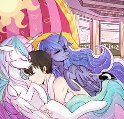 Size: 2986x2876 | Tagged: safe, artist:co11on-art, princess celestia, princess luna, alicorn, human, pony, g4, action, bed, cuddling, eyes closed, female, high res, human male, human on pony snuggling, lucky bastard, male, mare, polyamory, shipping, sleeping, smiling, snuggling, straight, trio