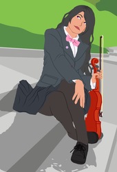 Size: 654x960 | Tagged: safe, artist:fukitsuline, artist:shadyfan290, octavia melody, human, g4, bowtie, clothes, female, humanized, musical instrument, pantyhose, shoes, sitting, skirt, solo, violin