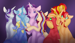 Size: 1024x582 | Tagged: safe, artist:nobleclay, starlight glimmer, sunset shimmer, trixie, oc, oc:andromeda, oc:dreamcatcher, oc:helios, oc:kindle sparks, oc:moonlight, pony, unicorn, g4, colt, family, female, filly, half-siblings, hug, lesbian, magical lesbian spawn, male, offspring, parent:big macintosh, parent:starlight glimmer, parent:sunset shimmer, parent:trixie, parents:shimmerglimmer, parents:shimmermac, parents:startrix, parents:suntrix, polyamory, ship:shimmerglimmer, ship:startrix, ship:suntrix, shipping
