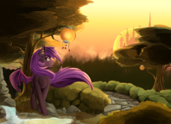 Size: 3300x2388 | Tagged: safe, artist:beardie, oc, oc only, oc:platinum wing, bat pony, pony, bat pony oc, castle, complex background, female, high res, lantern, painting, solo, sunset, tree, water