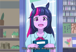 Size: 1450x994 | Tagged: safe, artist:minus8, twilight sparkle, human, equestria girls, g4, anime, book, crossover, dialogue, eared humanization, holding, humanized, looking at you, parody, smiling, smiling at you, uma musume pretty derby