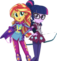 Size: 1348x1427 | Tagged: safe, editor:php77, sci-twi, sunset shimmer, twilight sparkle, equestria girls, g4, my little pony equestria girls: friendship games, bow (weapon), duo, simple background, transparent background