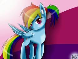 Size: 1600x1200 | Tagged: safe, artist:alesarox, rainbow dash, pegasus, pony, g4, abstract background, alternate hairstyle, female, ponytail, solo