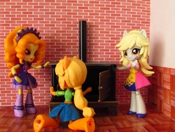 Size: 1600x1200 | Tagged: safe, artist:whatthehell!?, adagio dazzle, applejack, derpy hooves, equestria girls, g4, boots, clothes, denim skirt, doll, dress, equestria girls minis, irl, jewelry, kitchen, photo, shoes, skirt, stove, toy, victorian