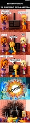 Size: 922x3773 | Tagged: safe, artist:whatthehell!?, adagio dazzle, applejack, derpy hooves, equestria girls, g4, boots, clothes, denim skirt, doll, dress, equestria girls minis, eqventures of the minis, explosion, irl, jewelry, kitchen, photo, shoes, skirt, spanish, stove, toy, victorian