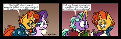 Size: 2456x809 | Tagged: safe, artist:bobthedalek, firelight, starlight glimmer, sunburst, pony, unicorn, g4, the parent map, book, brown background, comic, female, foxtrot, glowing horn, horn, magic, male, mare, pumpky wumpkin, red background, ship:starburst, shipping, simple background, stallion, straight, sunburst is not amused, telekinesis, unamused, wide eyes