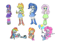 Size: 1200x849 | Tagged: safe, artist:matmax426, applejack, fluttershy, pinkie pie, rainbow dash, rarity, sunset shimmer, twilight sparkle, alicorn, equestria girls, g4, balloon, humane five, humane seven, humane six, simple background, traditional art, twilight sparkle (alicorn), white background