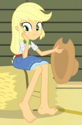 Size: 468x709 | Tagged: safe, editor:grapefruitface, applejack, equestria girls, g4, barefoot, clothes, feet, female, fetish, foot fetish, hat, hay, sitting, solo