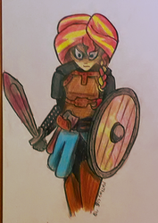 Size: 550x776 | Tagged: safe, artist:matmax426, sunset shimmer, equestria girls, g4, angry, female, shield, solo, sword, traditional art, viking, weapon