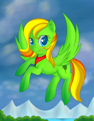 Size: 1575x2034 | Tagged: safe, artist:brok-enwings, oc, oc only, oc:beauty leaf, pegasus, pony, bush, clothes, female, flying, mountain, scarf, sky, smiling, solo