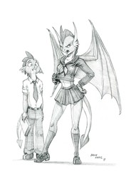 Size: 1000x1309 | Tagged: safe, artist:baron engel, smolder, spike, dragon, anthro, plantigrade anthro, g4, season 8, angry, annoyed, book, clothes, cute, dragoness, female, grayscale, legs, male, midriff, miniskirt, monochrome, open mouth, pants, pencil drawing, school uniform, shoes, simple background, skirt, socks, story included, traditional art, white background