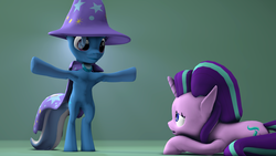 Size: 3840x2160 | Tagged: safe, artist:xppp1n, starlight glimmer, trixie, pony, unicorn, g4, 3d, asserting dominance, bipedal, cape, clothes, eye contact, female, frown, glowing, gradient background, gray background, hat, high res, lidded eyes, looking at each other, mare, meme, open mouth, prone, sad, scared, simple background, smiling, source filmmaker, t pose, trixie's cape, trixie's hat, wat