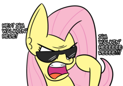 Size: 1492x1053 | Tagged: safe, artist:artiks, fluttershy, pegasus, pony, g4, dialogue, female, midnight cowboy, simple background, solo, sunglasses, white background