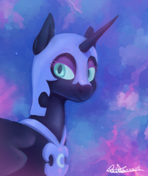 Size: 836x997 | Tagged: safe, artist:pucksterv, nightmare moon, alicorn, pony, g4, ethereal mane, female, lineless, looking at you, mare, signature, solo