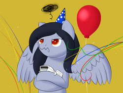 Size: 1600x1200 | Tagged: safe, artist:hartenas, oc, oc only, oc:gloomy mark, pegasus, pony, balloon, birthday, female, grumpy, hat, mare, party hat, simple background, solo, streamers