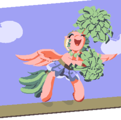 Size: 1252x1244 | Tagged: safe, artist:dinexistente, somnambula, pegasus, pony, g4, cheerleader, clothes, cute, day, drawthread, female, flying, mare, pixel art, pleated skirt, pom pom, request, skirt, sky, smiling, solo, somnambetes