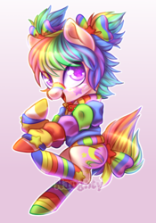 Size: 600x856 | Tagged: safe, artist:cabbage-arts, oc, oc only, oc:dear diary, earth pony, pony, bow, clothes, commission, commissioner:illuminatedreverie, female, looking at you, mare, pink coat, purple eyes, rainbow hair, rainbow socks, smiling, socks, solo, striped socks