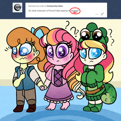 Size: 1000x1000 | Tagged: safe, artist:carouselunique, pumpkin cake, oc, oc:honeycrisp blossom, oc:ma belle danseuse, equestria girls, g4, ask, blushing, clothes, costume, holding hands, offspring, parent:big macintosh, parent:moondancer, parent:prince blueblood, parent:princess cadance, parents:cadmac, parents:moonblood, tangled (disney), tumblr