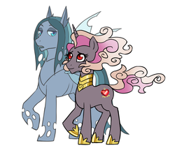 Size: 1182x1000 | Tagged: safe, artist:pikokko, oc, oc only, oc:chitin/morgenstern, oc:l'amour, changepony, hybrid, pony, unicorn, duo, female, flowing mane, interspecies offspring, male, mare, offspring, parent:king sombra, parent:princess cadance, parent:queen chrysalis, parent:shining armor, parents:shining chrysalis, parents:somdance, princess shoes, simple background, white background