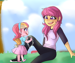 Size: 1280x1067 | Tagged: safe, artist:h0mi3, scootaloo, oc, oc:honeycrisp blossom, equestria girls, g4, converse, floral head wreath, flower, hairband, offspring, older, older scootaloo, parent:big macintosh, parent:princess cadance, parents:cadmac, shoes