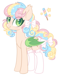 Size: 2031x2545 | Tagged: safe, artist:hawthornss, oc, oc only, oc:pretty pop, bat pony, pony, bat pony oc, bat wings, blushing, bow, clothes, colored wings, commission, cute, cutie mark, ear fluff, fangs, female, food, frilly socks, hair bow, high res, lightly watermarked, looking at you, mare, simple background, slit pupils, smiling, socks, solo, standing, tail bow, transparent background, watermark
