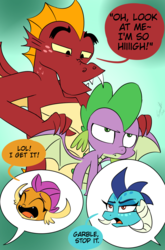 Size: 800x1214 | Tagged: safe, artist:emositecc, garble, princess ember, smolder, spike, dragon, g4, molt down, comic, dialogue, dragoness, eyes closed, female, green background, hilarious in hindsight, male, offscreen character, simple background, speech bubble, winged spike, wings