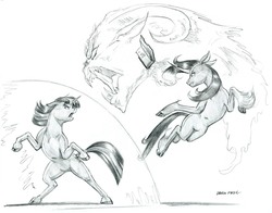 Size: 1400x1098 | Tagged: safe, artist:baron engel, fhtng th§ ¿nsp§kbl, oleander (tfh), twilight sparkle, classical unicorn, demon, pony, unicorn, them's fightin' herds, g4, cloven hooves, community related, crossover, duo, female, fight, grayscale, horn, leonine tail, looking at each other, mare, monochrome, pencil drawing, realistic horse legs, simple background, sketch, traditional art, unicorn twilight, unshorn fetlocks, white background