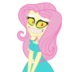 Size: 1900x1800 | Tagged: safe, artist:mashoart, discord, fluttershy, equestria girls, g4, my little pony equestria girls: better together, bare shoulders, bodysuit, crossdressing, cursed image, disguise, femboy discord, fluttershy suit, grin, jesus christ how horrifying, looking at you, male, nightmare fuel, oh god, shapeshifting, simple background, smiling, transparent background, trap, x was discord all along