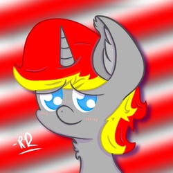Size: 768x768 | Tagged: safe, artist:rubydeluxe, derpibooru exclusive, oc, oc only, oc:rd, alicorn, pony, abstract background, alicorn oc, blushing, bust, cute, digital art, ear fluff, eyebrows, horn, looking at you, male, neck fluff, portrait, pupils, shading, signature, smiling, solo