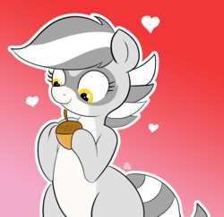 Size: 2538x2471 | Tagged: safe, artist:feralroku, oc, oc only, oc:bandy cyoot, pony, raccoon pony, acorn, cute, fangs, gradient background, heart, high res, smiling, solo