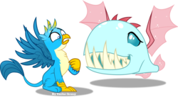 Size: 9642x5281 | Tagged: safe, artist:vector-brony, gallus, ocellus, biteacuda, changedling, changeling, fish, griffon, g4, non-compete clause, absurd resolution, disguise, disguised changeling, duo, fangs, female, male, scared, sharp teeth, simple background, teeth, transparent background, wings