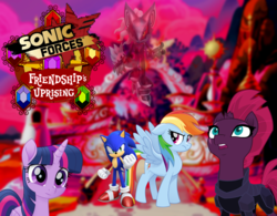 Size: 1025x800 | Tagged: safe, artist:hedgehogninja94, fizzlepop berrytwist, rainbow dash, tempest shadow, twilight sparkle, alicorn, pony, fanfic:sonic forces: friendship's uprising, g4, my little pony: the movie, cover, cover art, crossover, fanfic, fanfic art, infinite (character), logo, male, sequel, sonic forces, sonic the hedgehog, sonic the hedgehog (series), twilight sparkle (alicorn)