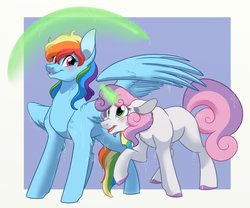 Size: 979x816 | Tagged: safe, artist:itstaylor-made, rainbow dash, sweetie belle, pegasus, pony, unicorn, g4, blushing, commission, duo, female, glowing horn, horn, lesbian, magic, mare, missing cutie mark, older, rain, ship:sweetiedash, shipping, simple background, sweetie belle's magic brings a great big smile, wet, wet mane, wing umbrella, wings