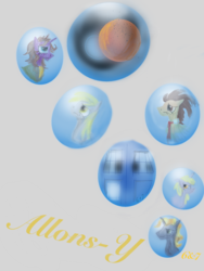 Size: 1536x2048 | Tagged: safe, artist:sixes&sevens, derpibooru exclusive, derpy hooves, dinky hooves, doctor whooves, ponet, time turner, fanfic:allons-y, g4, bubble, doctor who, eighth doctor, fanfic, fanfic art, fanfic cover, gallifrey, simple background, tardis, tenth doctor, the doctor