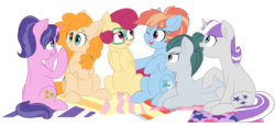 Size: 5797x2681 | Tagged: safe, artist:chub-wub, cloudy quartz, cookie crumbles, pear butter, posey shy, twilight velvet, windy whistles, earth pony, pegasus, pony, unicorn, g4, cute, female, looking at each other, mare, mats, mom six, one eye closed, preggy crumbles, preggy quartz, preggy whistles, preglight velvet, pregnant, pregnant pear butter, pregnant posey shy, pregvelvet, prone, raised hoof, simple background, sitting, smiling, transparent background, wink